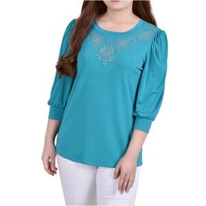 Notations Embellished Top Blouse 3/4 Sleeve Jewel Neck Teal Blue Size PM